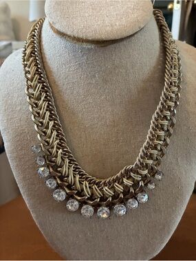 LOFT Silver Statement Bib Necklace Woven Chain Crystal Rhinestone